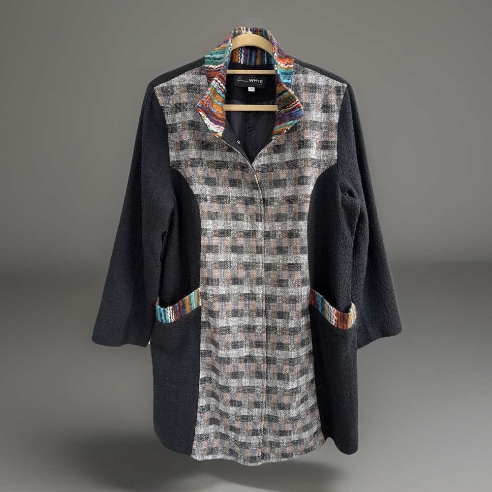 Donna White Multicolor Plaid Long Coat Women's Size L Artsy Eclectic Lagenlook